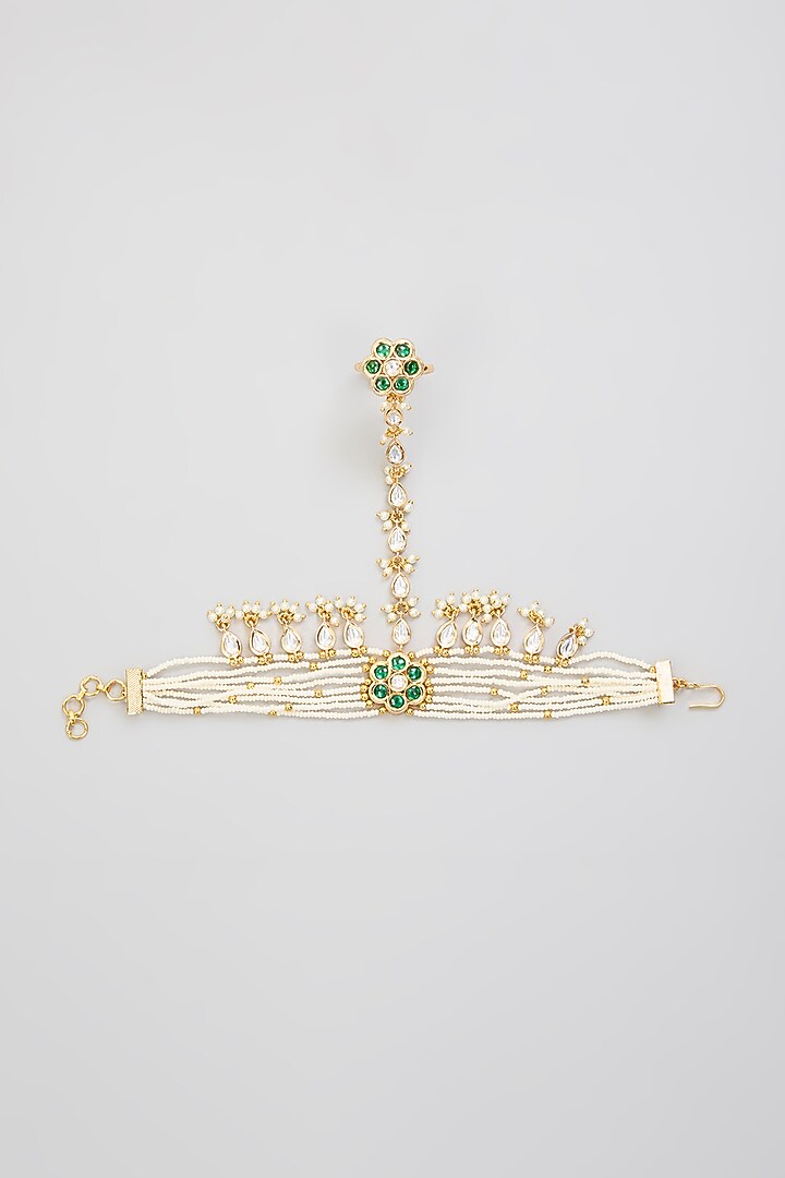 Gold Finish Kundan Polki Hathphool (Set Of 2) by Zevar By Geeta at Pernia's Pop Up Shop