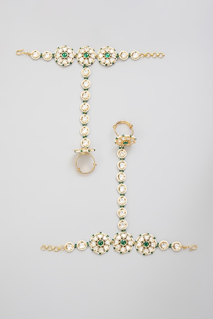 Gold Finish Kundan Polki Hathphool (Set Of 2) by Zevar By Geeta at Pernia's Pop Up Shop