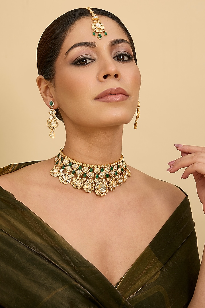 Gold Finish Green Moissanite Necklace Set by Zevar By Geeta at Pernia's Pop Up Shop