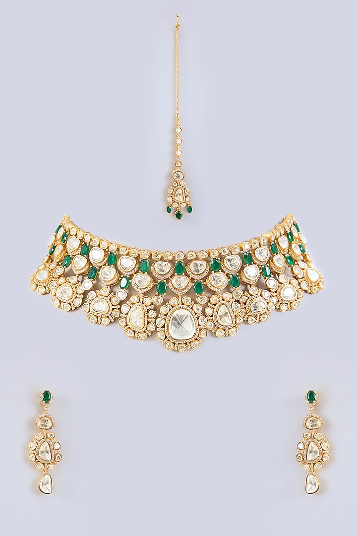 Gold Finish Green Moissanite Necklace Set by Zevar By Geeta at Pernia's Pop Up Shop