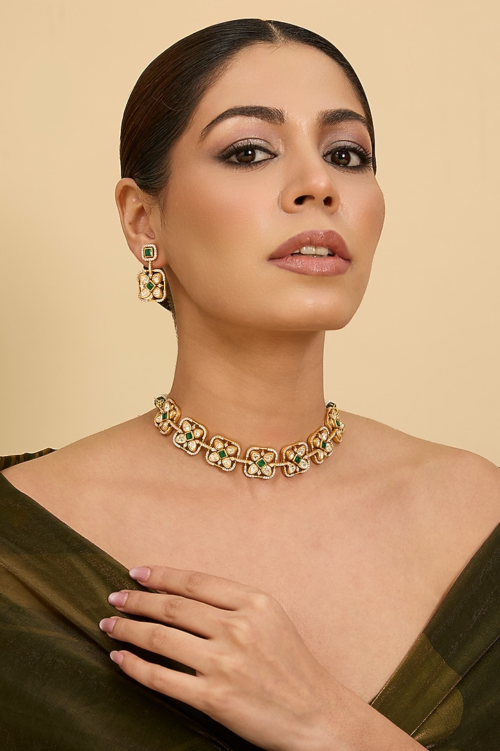Gold Finish Green Moissanite Stone Choker Necklace Set by Zevar By Geeta at Pernia's Pop Up Shop