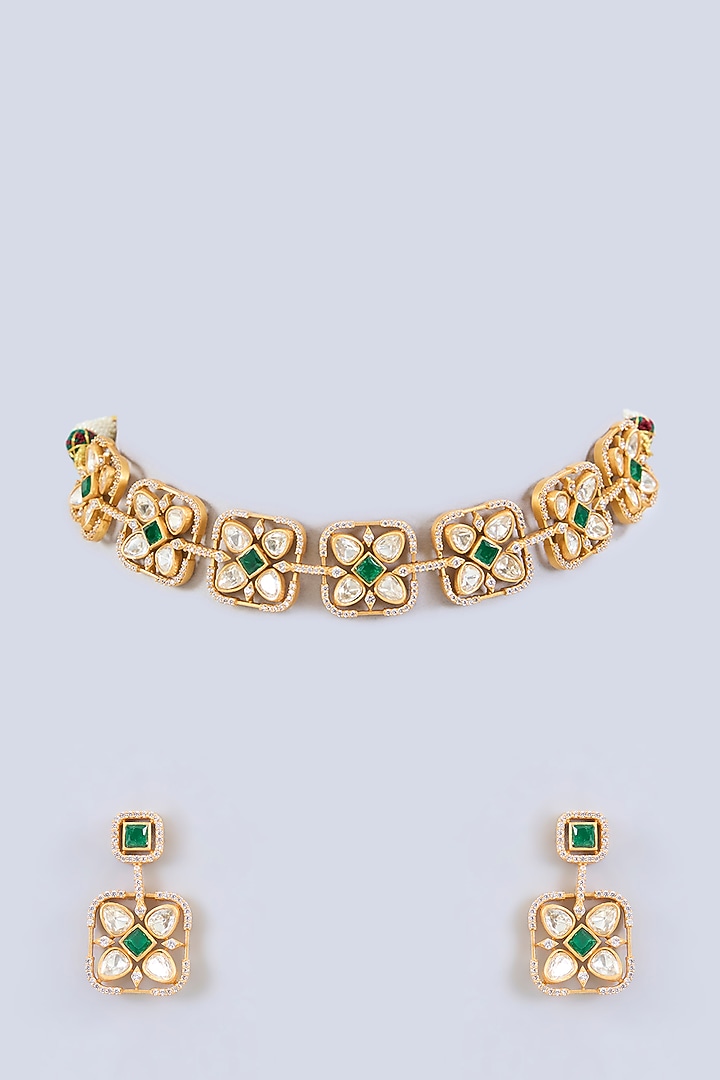 Gold Finish Green Moissanite Stone Choker Necklace Set by Zevar By Geeta at Pernia's Pop Up Shop