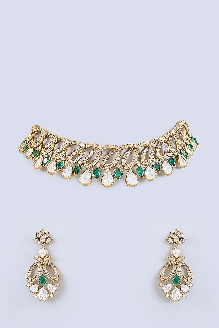 Two Tone Finish Green Uncut Kundan Polki Necklace Set by Zevar By Geeta at Pernia's Pop Up Shop