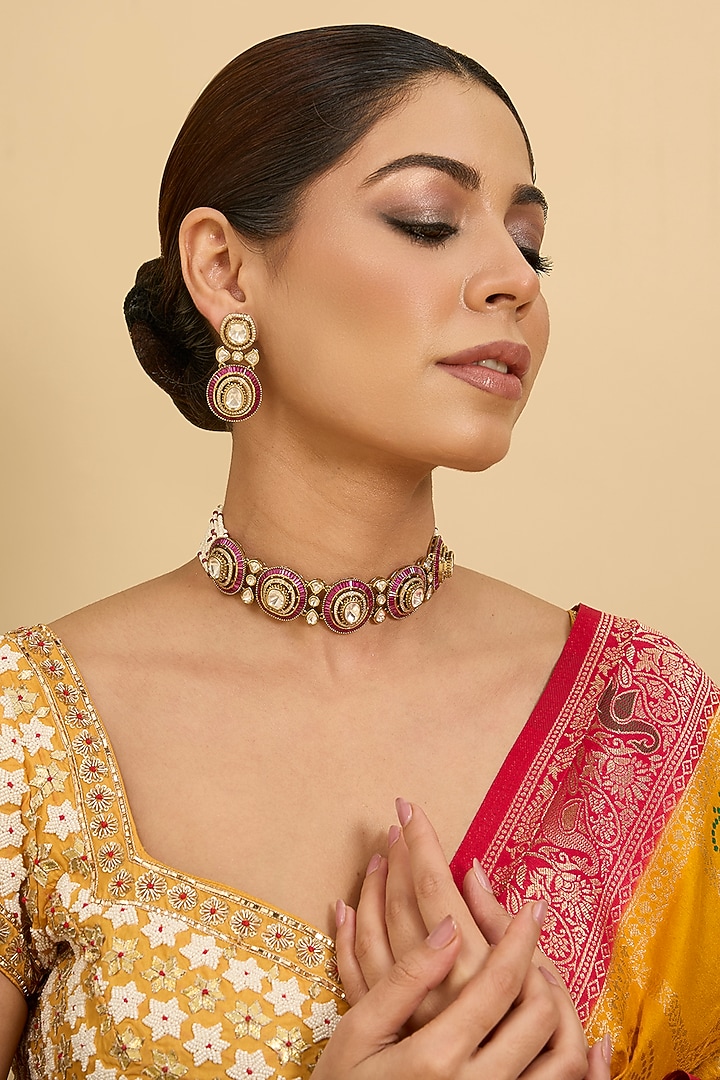 Gold Finish Red Moissanite Stone Choker Necklace Set by Zevar By Geeta at Pernia's Pop Up Shop