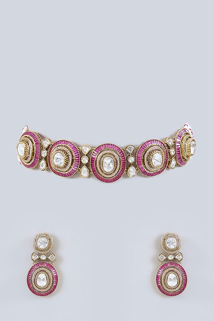 Gold Finish Red Moissanite Stone Choker Necklace Set by Zevar By Geeta at Pernia's Pop Up Shop