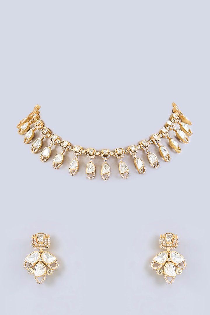 Gold Finish Moissanite Stone Necklace Set by Zevar By Geeta at Pernia's Pop Up Shop
