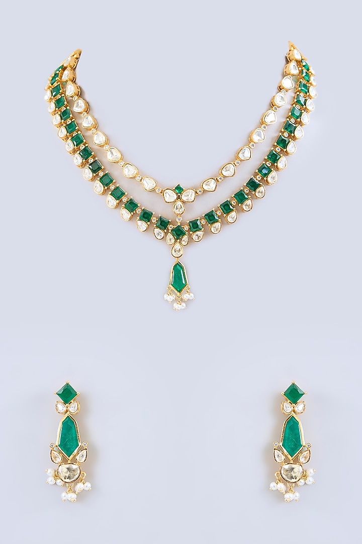 Gold Finish Green Moissanite Stone Long Necklace Set by Zevar By Geeta at Pernia's Pop Up Shop