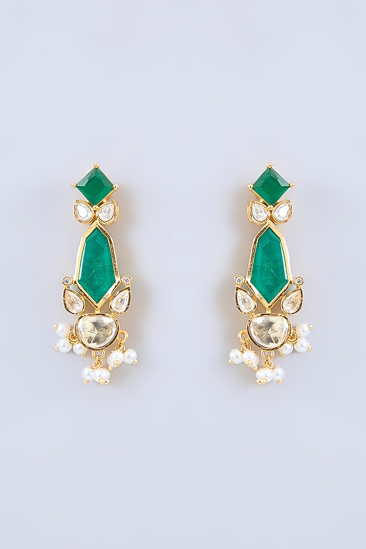 Gold Finish Green Moissanite Stone Long Necklace Set by Zevar By Geeta at Pernia's Pop Up Shop