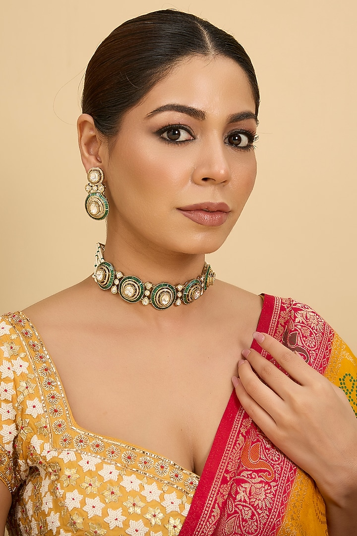 Gold Finish Green Moissanite Stone Choker Necklace Set by Zevar By Geeta at Pernia's Pop Up Shop
