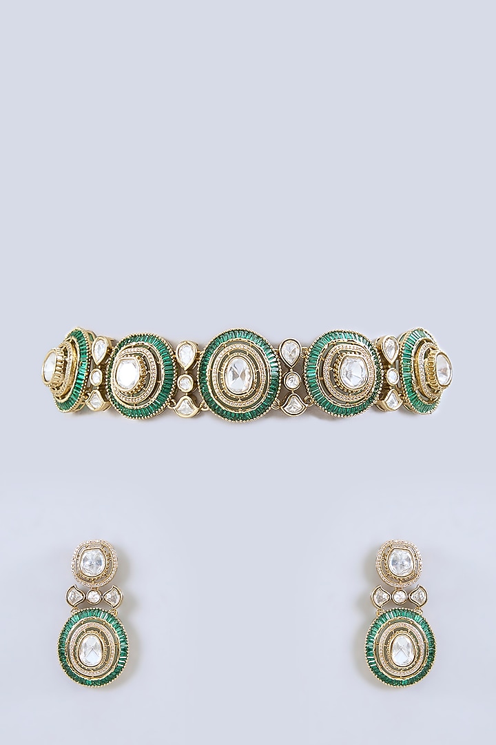 Gold Finish Green Moissanite Stone Choker Necklace Set by Zevar By Geeta at Pernia's Pop Up Shop