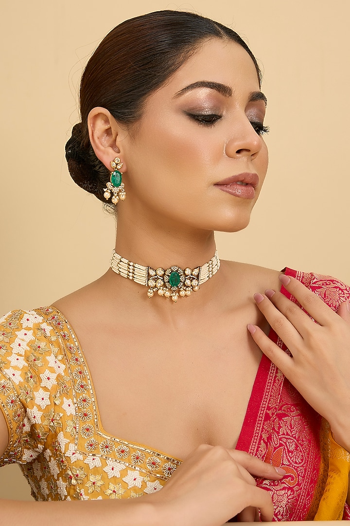 Two Tone Finish Green Stone & Kundan Polki Choker Necklace Set by Zevar By Geeta at Pernia's Pop Up Shop
