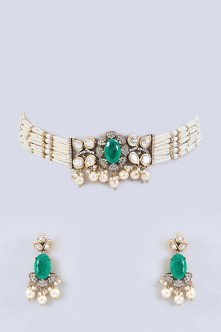 Two Tone Finish Green Stone & Kundan Polki Choker Necklace Set by Zevar By Geeta at Pernia's Pop Up Shop