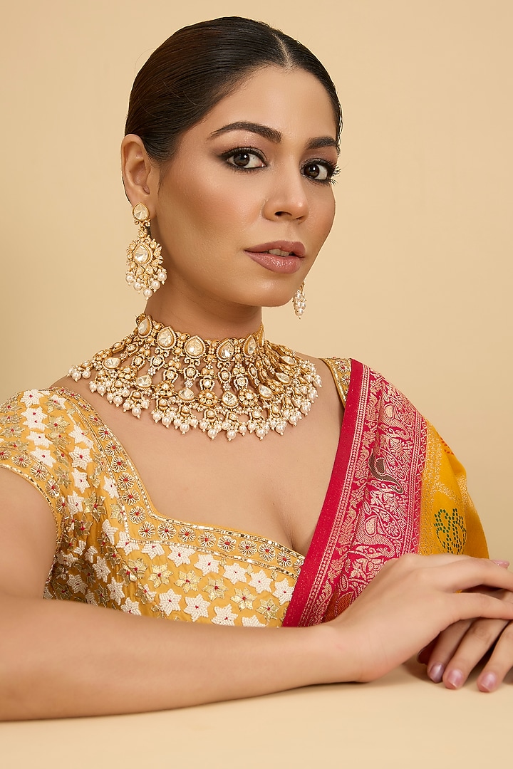 Gold Finish Moissanite Stone & Pearl Necklace Set by Zevar By Geeta at Pernia's Pop Up Shop