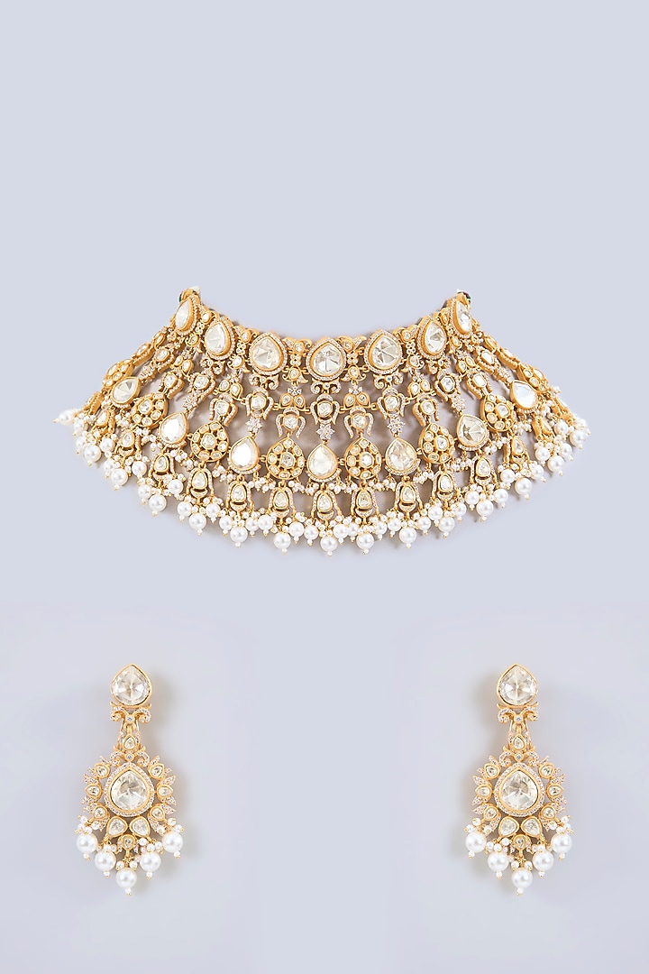 Gold Finish Moissanite Stone & Pearl Necklace Set by Zevar By Geeta at Pernia's Pop Up Shop