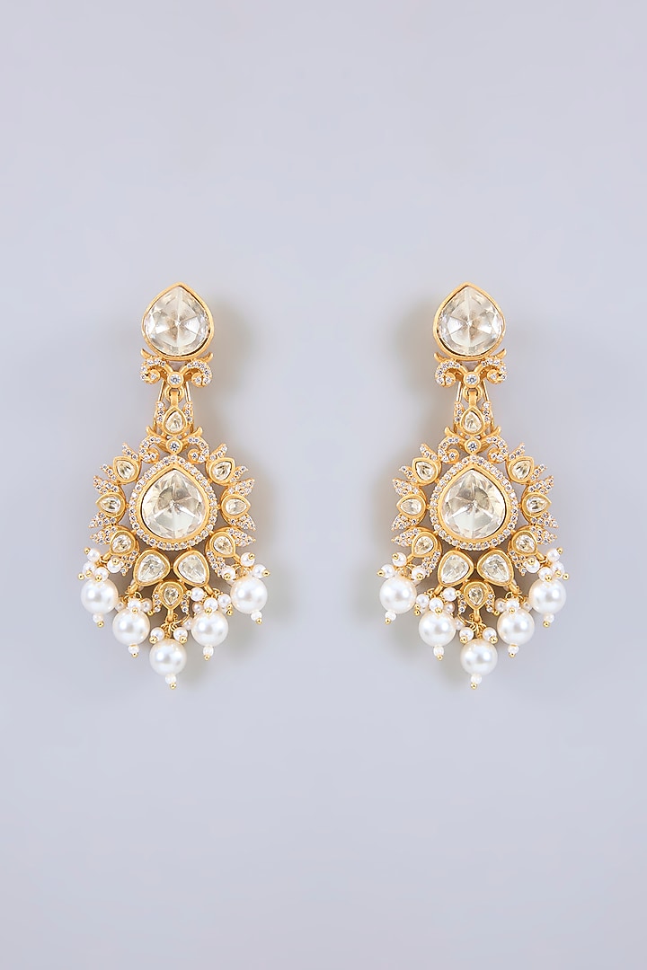 Gold Finish Moissanite Stone & Pearl Necklace Set by Zevar By Geeta at Pernia's Pop Up Shop