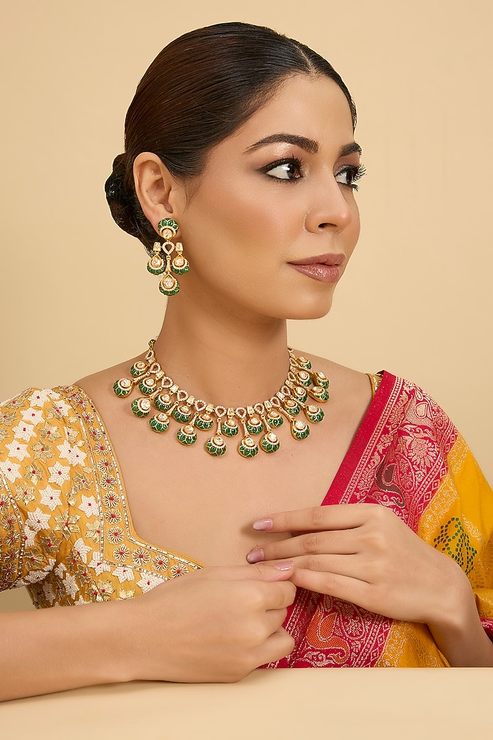Gold Finish Green Moissanite Stone Necklace Set by Zevar By Geeta at Pernia's Pop Up Shop