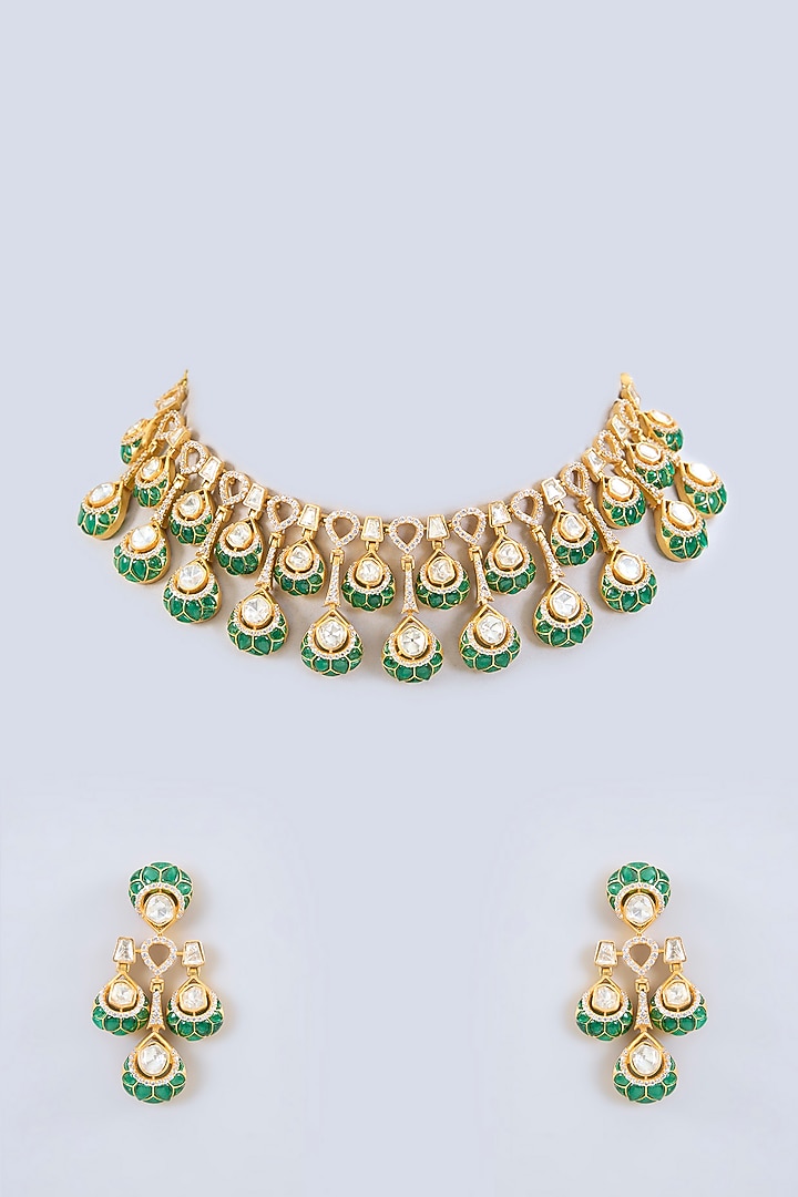 Gold Finish Green Moissanite Stone Necklace Set by Zevar By Geeta at Pernia's Pop Up Shop