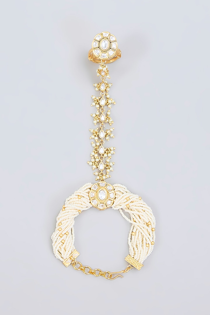 Gold Finish Kundan Polki & Pearl Hathphool (Set Of 2) by Zevar By Geeta at Pernia's Pop Up Shop
