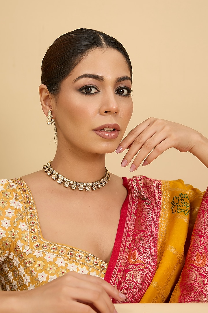 Two Tone Rhodium Finish Kundan Polki Necklace Set by Zevar By Geeta at Pernia's Pop Up Shop