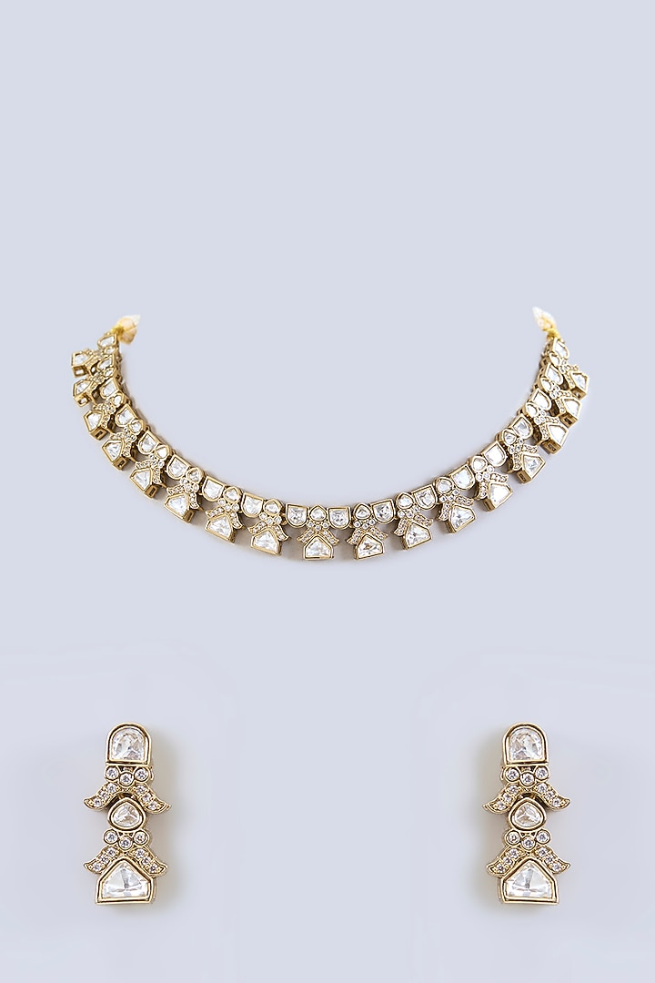 Two Tone Rhodium Finish Kundan Polki Necklace Set by Zevar By Geeta at Pernia's Pop Up Shop
