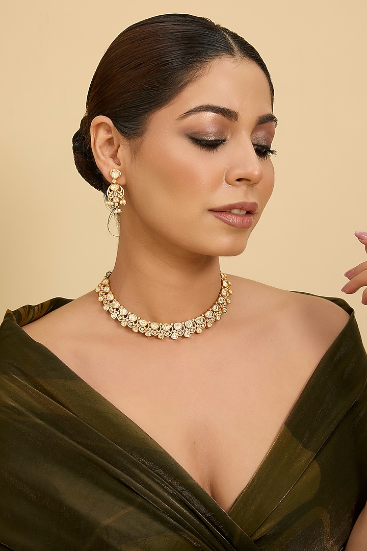 Gold Finish Moissanite Stone Necklace Set by Zevar By Geeta at Pernia's Pop Up Shop