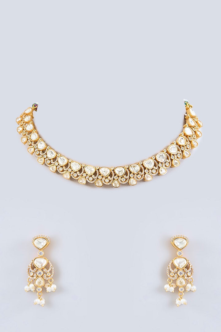 Gold Finish Moissanite Stone Necklace Set by Zevar By Geeta at Pernia's Pop Up Shop