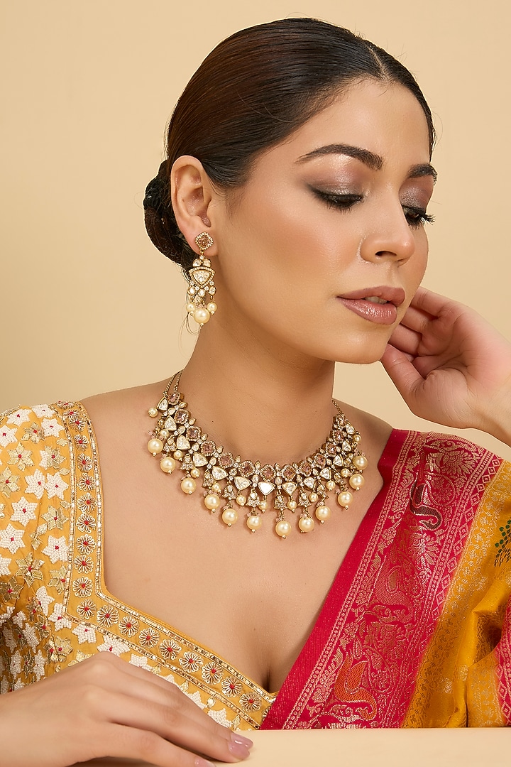 Two Tone Finish Uncut Kundan Polki & Purple Stone Necklace Set by Zevar By Geeta at Pernia's Pop Up Shop