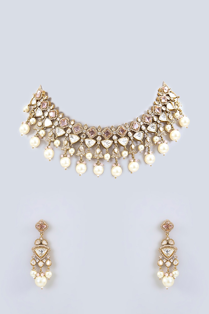 Two Tone Finish Uncut Kundan Polki & Purple Stone Necklace Set by Zevar By Geeta at Pernia's Pop Up Shop