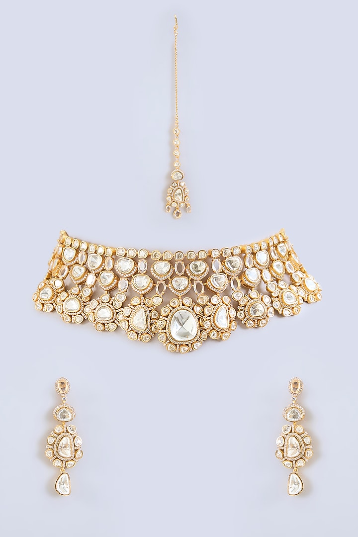 Gold Finish Moissanite Polki Necklace Set by Zevar by Geeta at Pernia's Pop Up Shop