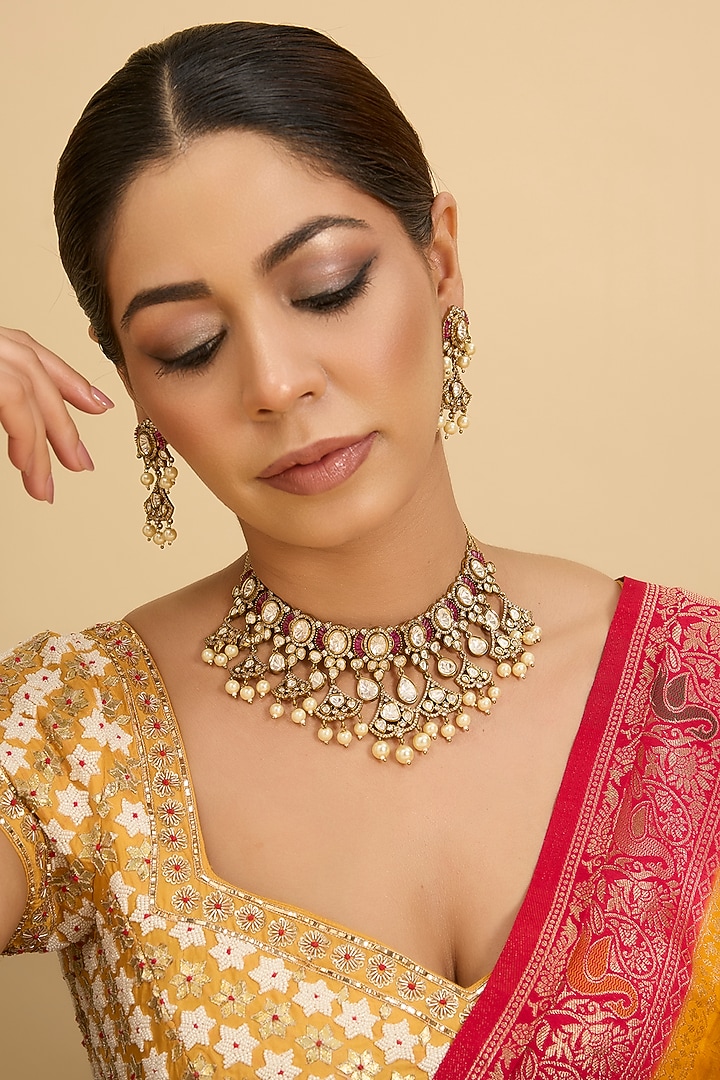 Two-Tone Finish Uncut Kundan Polki & Pink Stone Necklace Set by Zevar by Geeta at Pernia's Pop Up Shop