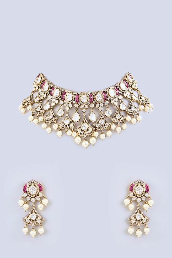 Two-Tone Finish Uncut Kundan Polki & Pink Stone Necklace Set by Zevar by Geeta at Pernia's Pop Up Shop