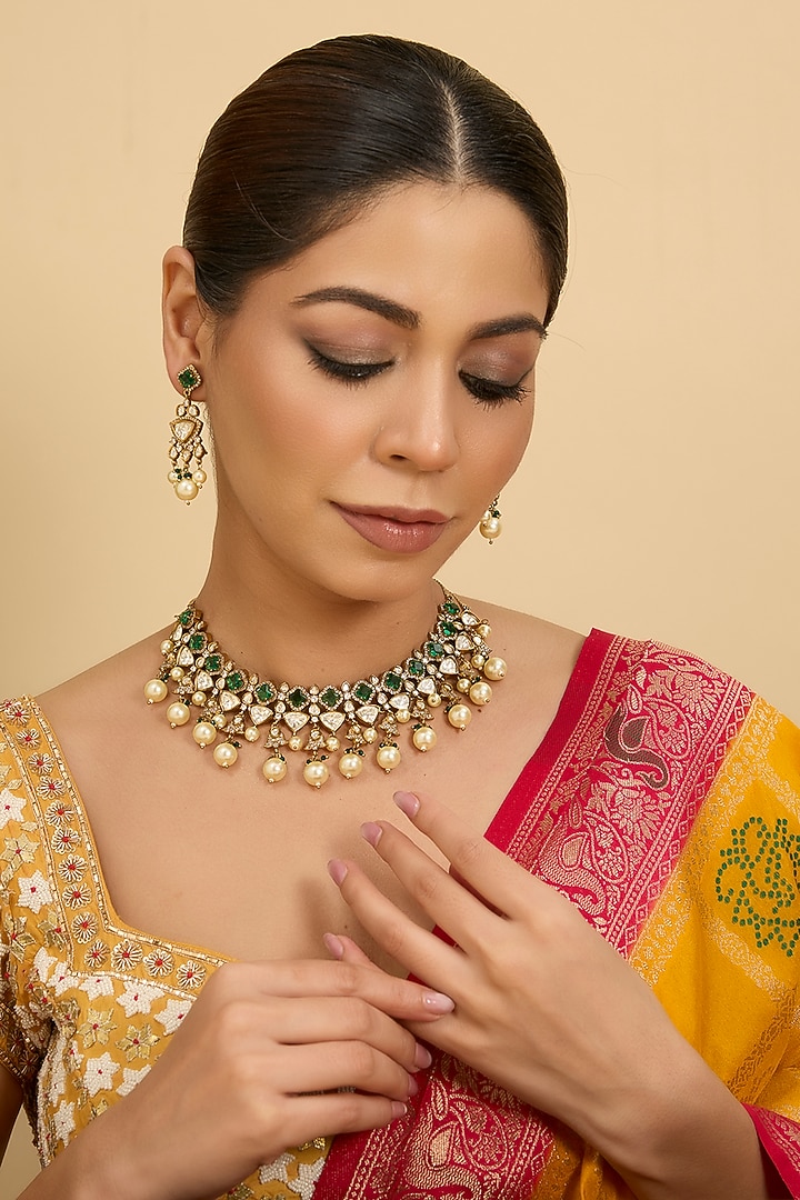 Two-Tone Finish Kundan Polki & Green Stone Necklace Set by Zevar by Geeta at Pernia's Pop Up Shop