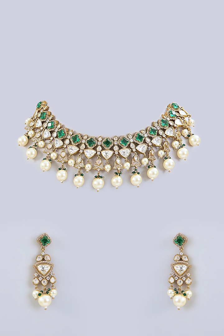 Two-Tone Finish Kundan Polki & Green Stone Necklace Set by Zevar by Geeta at Pernia's Pop Up Shop