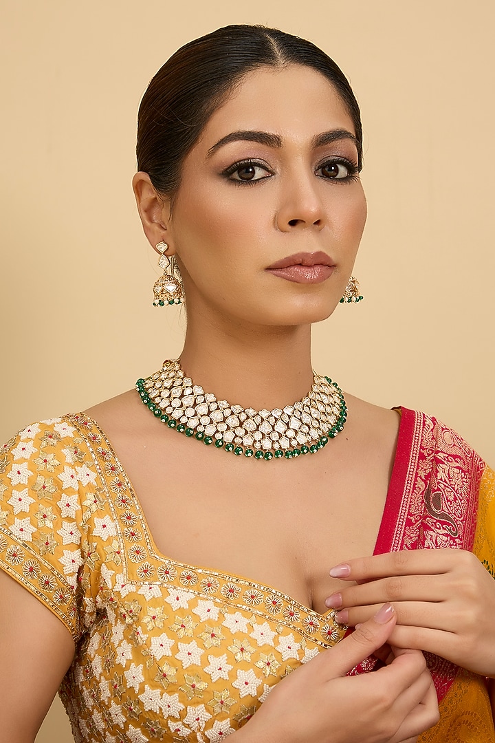 Gold Finish Kundan Polki & Green Pearl Necklace Set by Zevar by Geeta at Pernia's Pop Up Shop