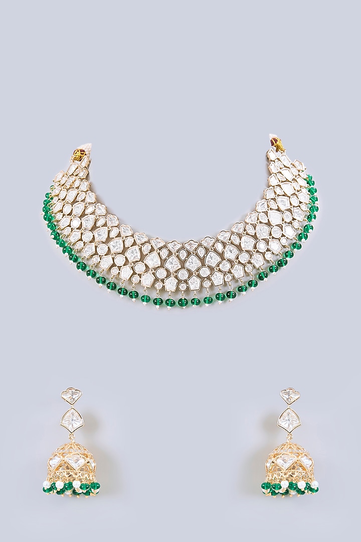 Gold Finish Kundan Polki & Green Pearl Necklace Set by Zevar by Geeta at Pernia's Pop Up Shop
