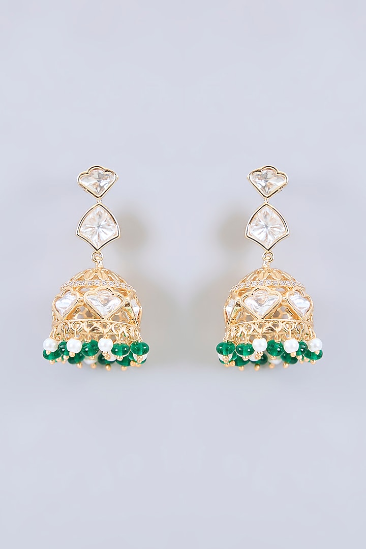 Gold Finish Kundan Polki & Green Pearl Necklace Set by Zevar by Geeta at Pernia's Pop Up Shop
