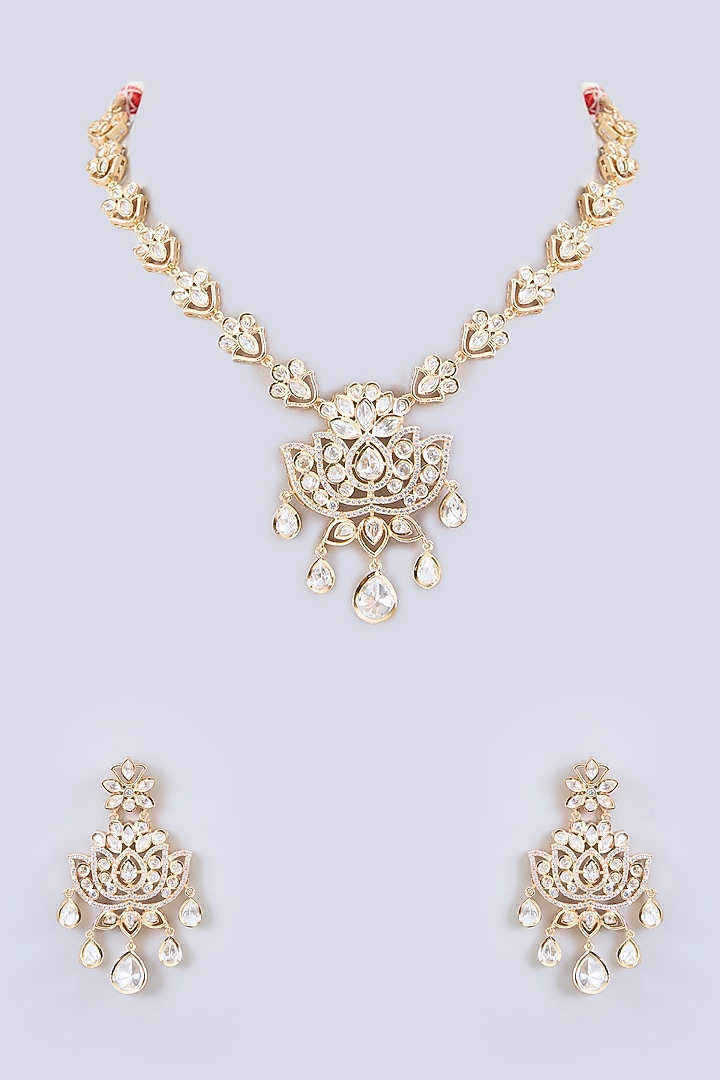 Gold Finish Kundan Polki & Pearl Droplet Necklace Set by Zevar by Geeta at Pernia's Pop Up Shop