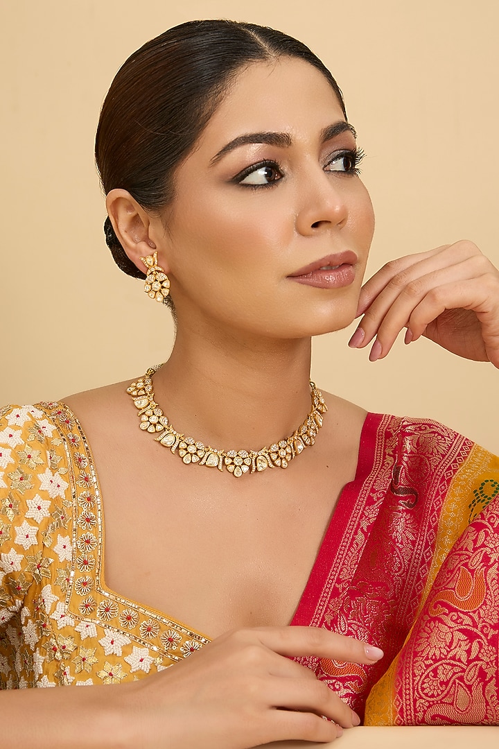 Gold Finish Moissanite Polki Necklace Set by Zevar by Geeta at Pernia's Pop Up Shop