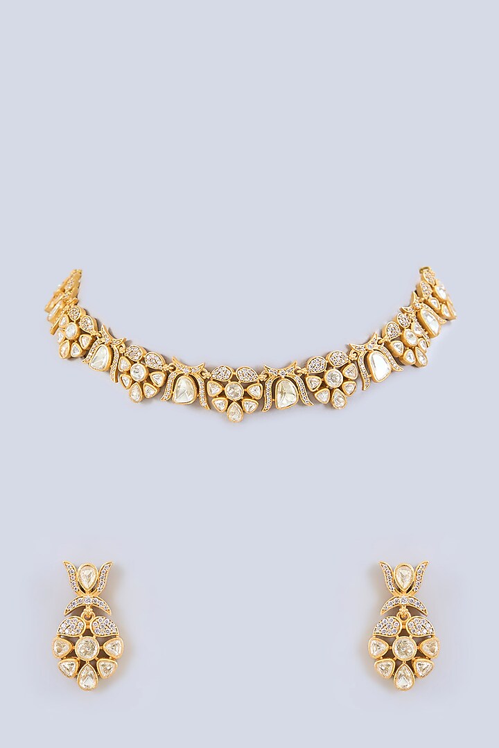 Gold Finish Moissanite Polki Necklace Set by Zevar by Geeta at Pernia's Pop Up Shop