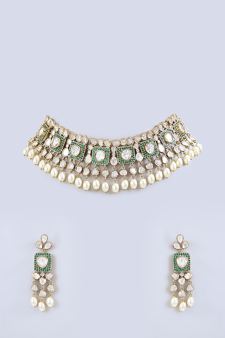 Two-Tone Finish Kundan Polki & Green Stone Necklace Set by Zevar by Geeta at Pernia's Pop Up Shop