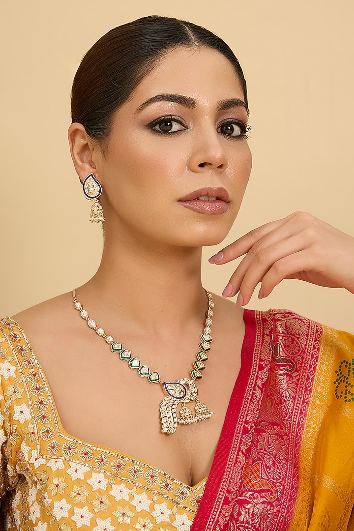 Gold Finish Kundan Polki & Green Enameled Long Necklace Set by Zevar by Geeta at Pernia's Pop Up Shop