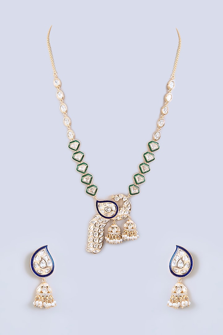 Gold Finish Kundan Polki & Green Enameled Long Necklace Set by Zevar by Geeta at Pernia's Pop Up Shop