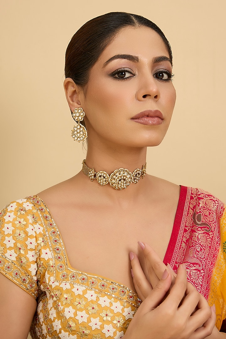 Gold Finish Kundan Polki Choker Necklace Set by Zevar by Geeta at Pernia's Pop Up Shop