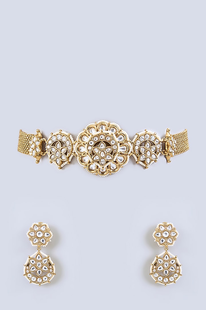Gold Finish Kundan Polki Choker Necklace Set by Zevar by Geeta at Pernia's Pop Up Shop