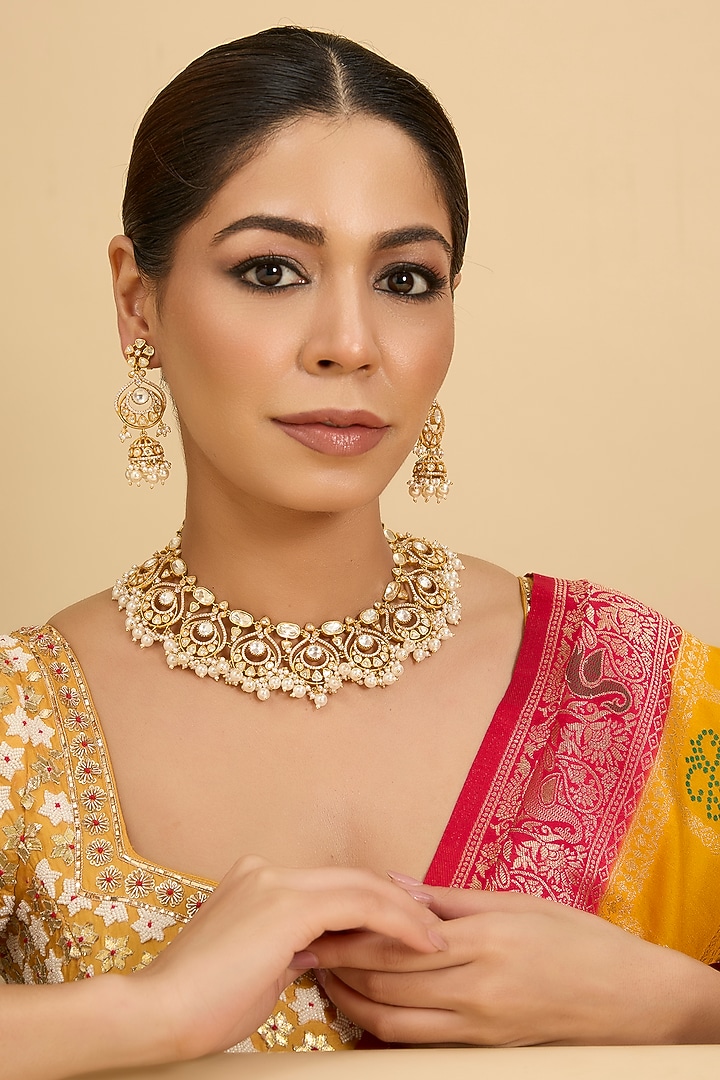 Gold Finish Moissanite Stone Necklace Set by Zevar by Geeta at Pernia's Pop Up Shop