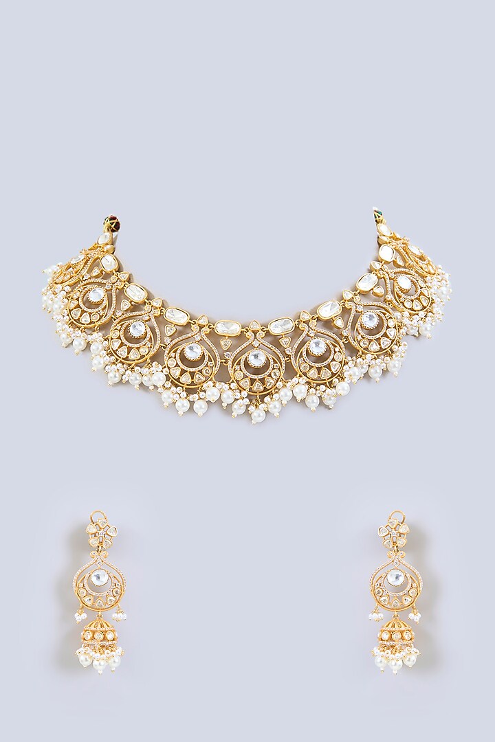 Gold Finish Moissanite Stone Necklace Set by Zevar by Geeta at Pernia's Pop Up Shop