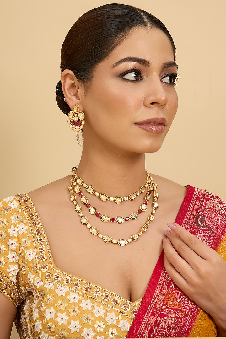 Gold Finish Moissanite & Red Stone Layered Necklace Set by Zevar by Geeta at Pernia's Pop Up Shop