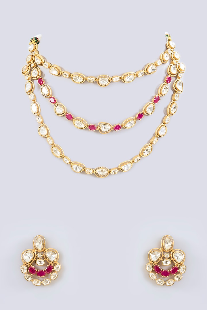 Gold Finish Moissanite & Red Stone Layered Necklace Set by Zevar by Geeta at Pernia's Pop Up Shop