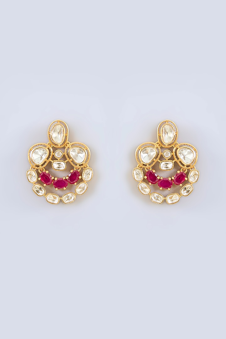 Gold Finish Moissanite & Red Stone Layered Necklace Set by Zevar by Geeta at Pernia's Pop Up Shop
