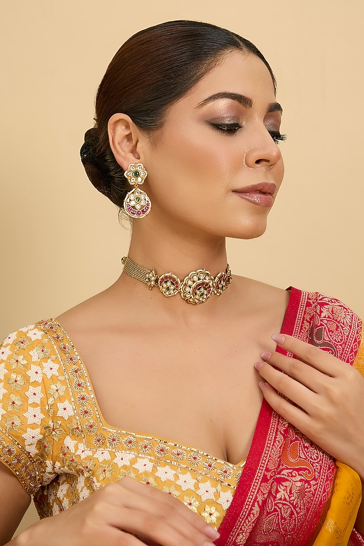 Gold Finish Kundan Polki & Pink Stone Choker Necklace Set by Zevar by Geeta at Pernia's Pop Up Shop